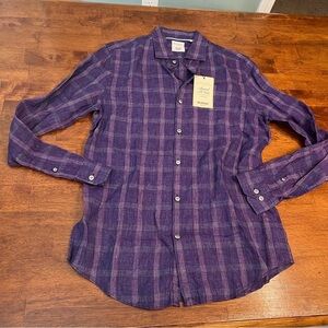 NWT Baird McNutt Murano Slim Fit Men's  Linen Purple Checkered Shirt size medium